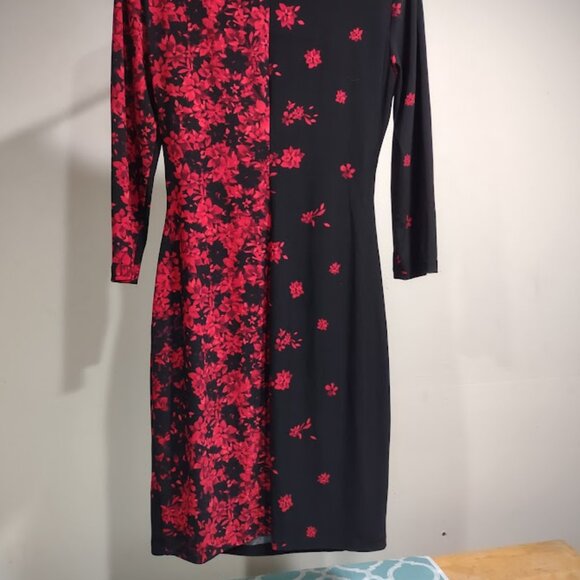 ANNE KLEIN RED AND BLACK LONG SLEEVES RUCHED FORMALMIDI DRESS WOMEN'S SIZE 8 - Picture 6 of 14